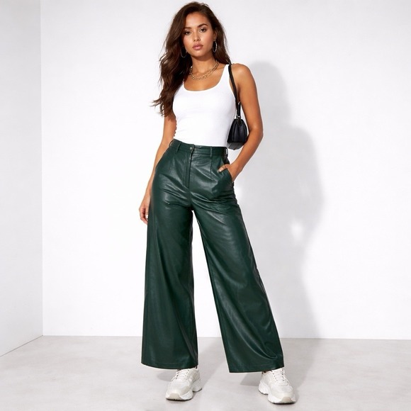 Zara Pants - Zara Faux Leather Pants Emerald Green, Wide Leg, High Waisted, Trendy Chic M